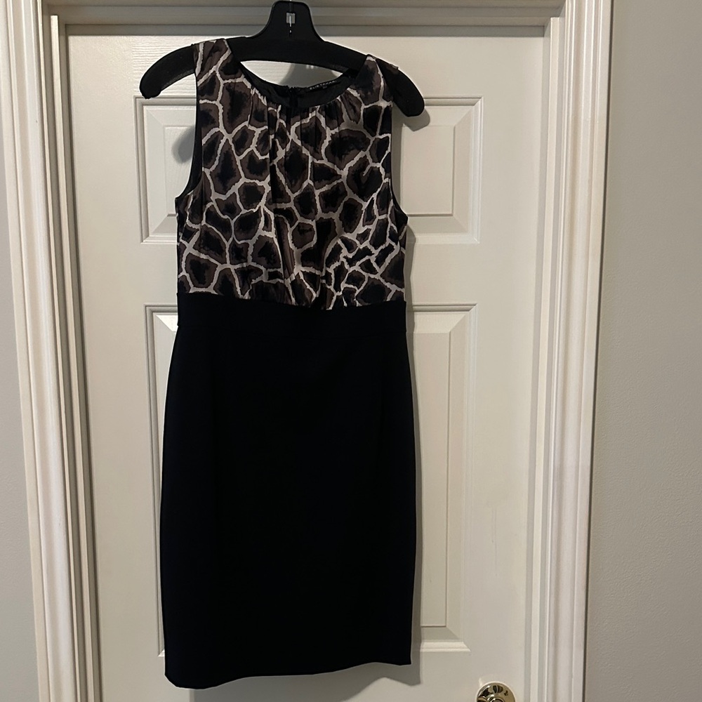Elie Tahari Black and Animal Print Midi Dress